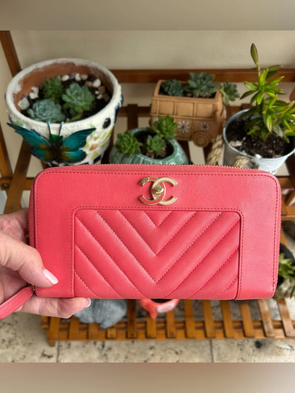 CHANEL Pink/Coral Quilted Chevron Zip Wallet